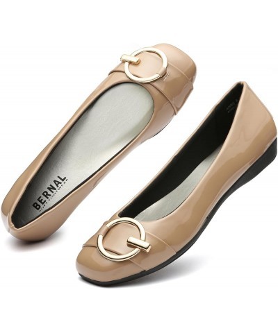 Women's Comfortable Flat Shoes - Round Toe Classic Cute Bow Metal Buckle Slip on Ballet Flats Apricot Patent/Square $13.25 Flats