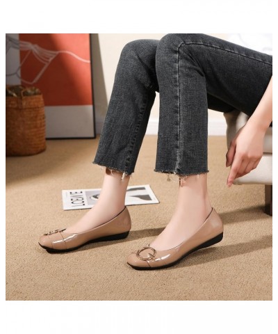 Women's Comfortable Flat Shoes - Round Toe Classic Cute Bow Metal Buckle Slip on Ballet Flats Apricot Patent/Square $13.25 Flats