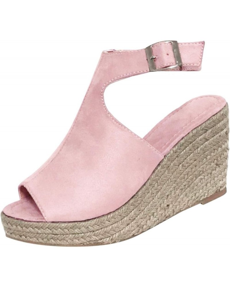 Sandals Women Dressy Summer Flat Fashion Solid Wedges Shoes Casual Sandals Strap Buckle Women's Roman Women's Sandals Pink 7 ...