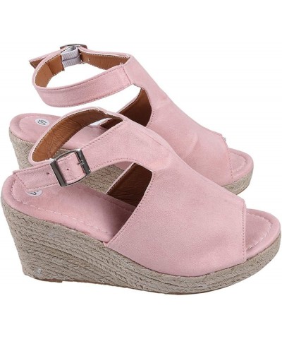 Sandals Women Dressy Summer Flat Fashion Solid Wedges Shoes Casual Sandals Strap Buckle Women's Roman Women's Sandals Pink 7 ...