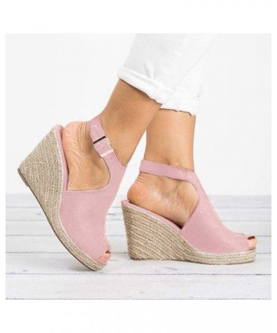 Sandals Women Dressy Summer Flat Fashion Solid Wedges Shoes Casual Sandals Strap Buckle Women's Roman Women's Sandals Pink 7 ...