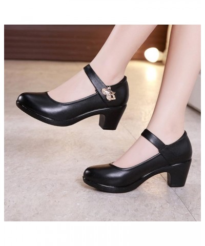 Womens Leather Casual Round Closed Toe Mary Janes Comfort Ankle Strap Buckle Dress Platform Pumps Shoes Chunky Mid Heel Shoe ...