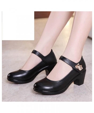 Womens Leather Casual Round Closed Toe Mary Janes Comfort Ankle Strap Buckle Dress Platform Pumps Shoes Chunky Mid Heel Shoe ...