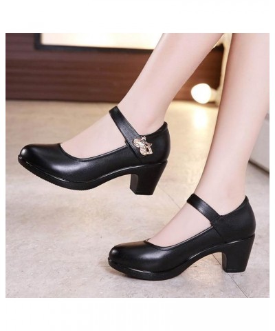 Womens Leather Casual Round Closed Toe Mary Janes Comfort Ankle Strap Buckle Dress Platform Pumps Shoes Chunky Mid Heel Shoe ...