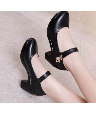 Womens Leather Casual Round Closed Toe Mary Janes Comfort Ankle Strap Buckle Dress Platform Pumps Shoes Chunky Mid Heel Shoe ...