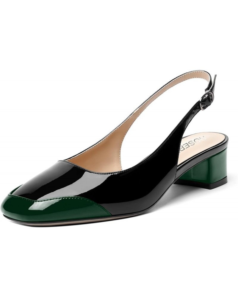 Womens Casual Patent Square Toe Fashion Buckle Slingback Party Chunky Low Heel Pumps Shoes 1.5 Inch Dark Green Black $37.90 P...