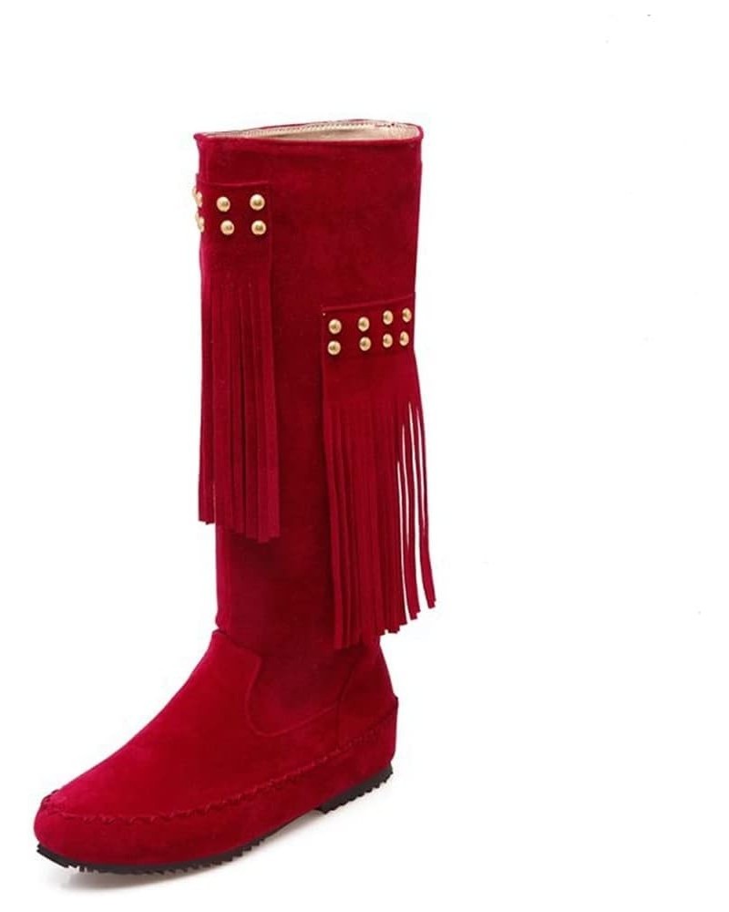 Womens Moccasin Mid Calf 2 Layer Fringe Boots Faux Suede Pull On Western Cowboy Boot Flat Knee High Boot Red $27.02 Boots