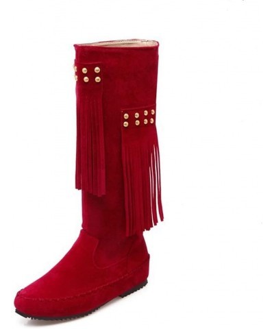 Womens Moccasin Mid Calf 2 Layer Fringe Boots Faux Suede Pull On Western Cowboy Boot Flat Knee High Boot Red $27.02 Boots