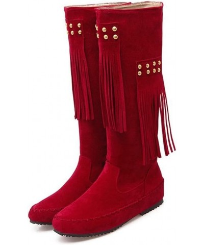 Womens Moccasin Mid Calf 2 Layer Fringe Boots Faux Suede Pull On Western Cowboy Boot Flat Knee High Boot Red $27.02 Boots