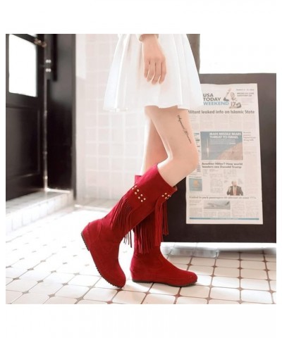 Womens Moccasin Mid Calf 2 Layer Fringe Boots Faux Suede Pull On Western Cowboy Boot Flat Knee High Boot Red $27.02 Boots