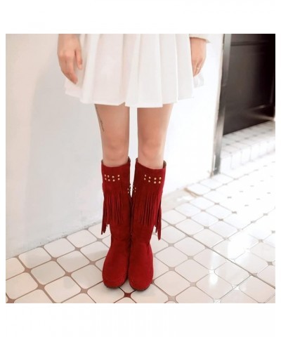 Womens Moccasin Mid Calf 2 Layer Fringe Boots Faux Suede Pull On Western Cowboy Boot Flat Knee High Boot Red $27.02 Boots