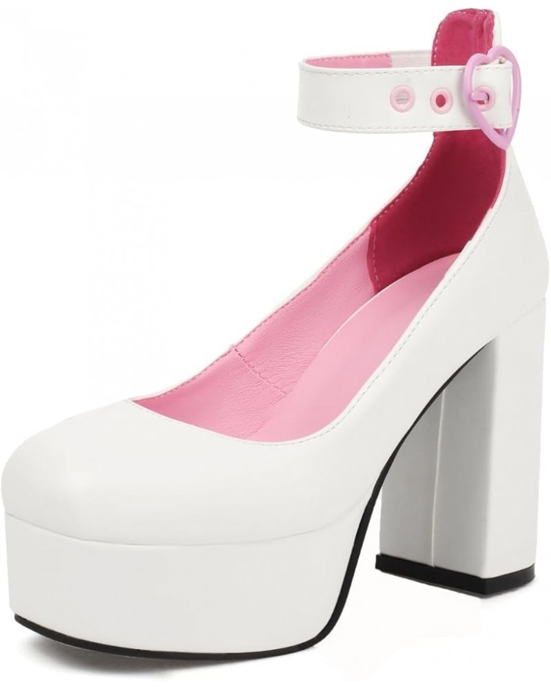 Women Ankle Strap Extreme High Block Heel Platform Sweet Mary Jane Pumps White $25.73 Pumps