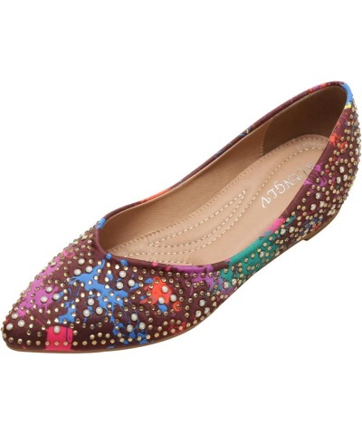 Breathable Ballet Flat Shoes for Women Dressy Rhinestone Pointed Toe Slip On Colorful Dress Pump Flats Brown $20.89 Flats