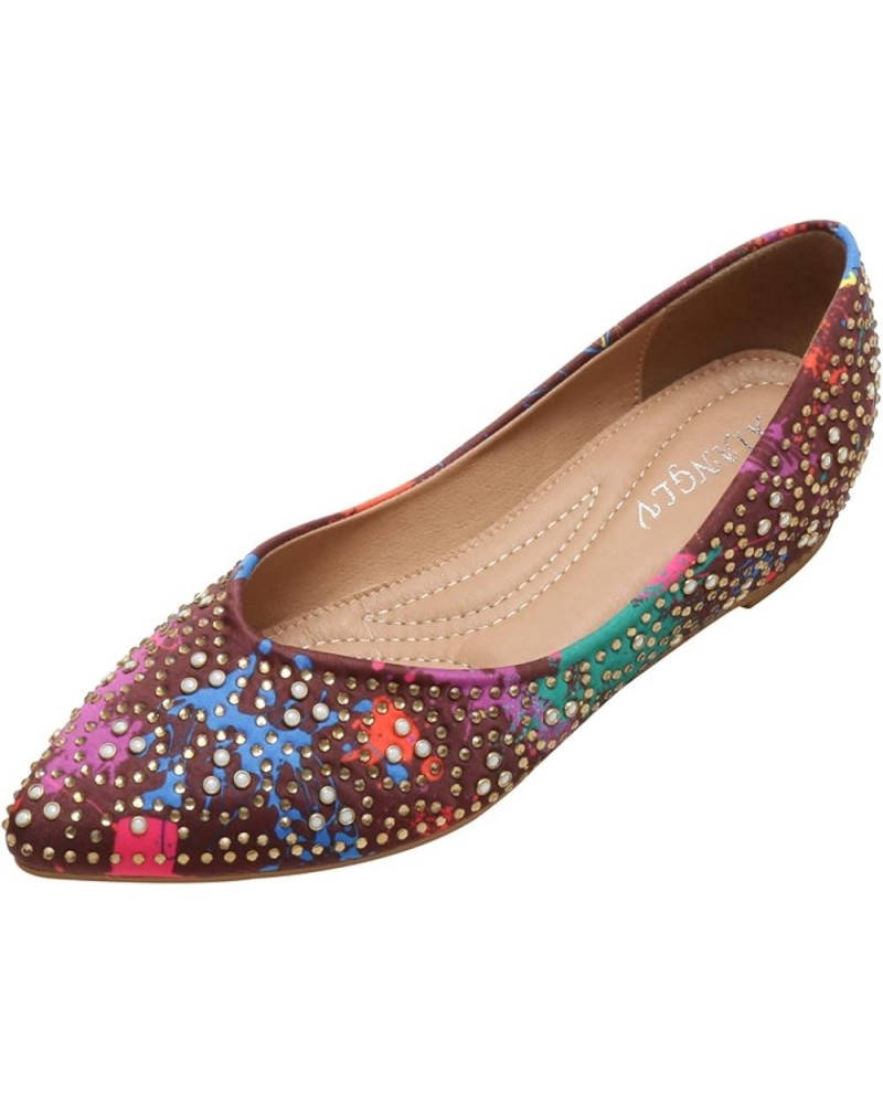 Breathable Ballet Flat Shoes for Women Dressy Rhinestone Pointed Toe Slip On Colorful Dress Pump Flats Brown $20.89 Flats