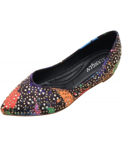 Breathable Ballet Flat Shoes for Women Dressy Rhinestone Pointed Toe Slip On Colorful Dress Pump Flats Brown $20.89 Flats