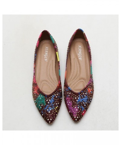 Breathable Ballet Flat Shoes for Women Dressy Rhinestone Pointed Toe Slip On Colorful Dress Pump Flats Brown $20.89 Flats