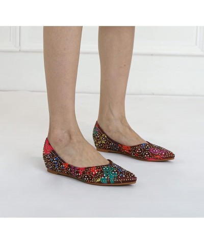 Breathable Ballet Flat Shoes for Women Dressy Rhinestone Pointed Toe Slip On Colorful Dress Pump Flats Brown $20.89 Flats