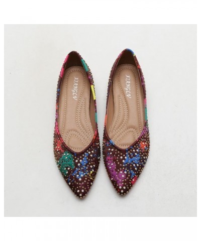 Breathable Ballet Flat Shoes for Women Dressy Rhinestone Pointed Toe Slip On Colorful Dress Pump Flats Brown $20.89 Flats