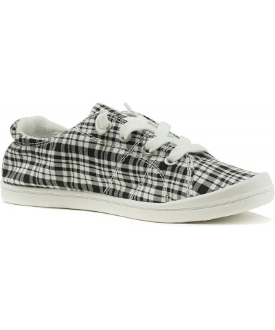 Flat Women Shoes Linen Canvas Slip On Sneakers Lace Up Style Loafers Zig-S Black/White Plaid $15.80 Loafers & Slip-Ons