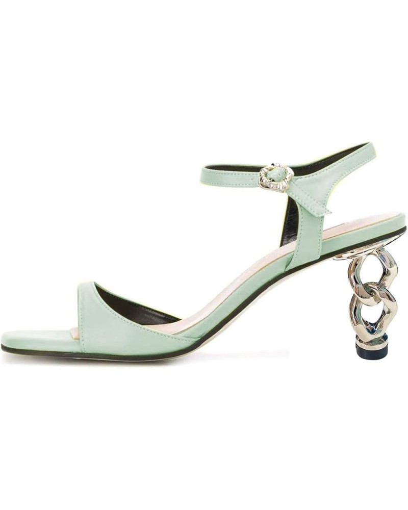 Women Trendy Square Open Toe Ankle Strap Sandals Comfy Metal Mid Heel Dress Summer Shoes With Buckle Mint Green $45.88 Sandals