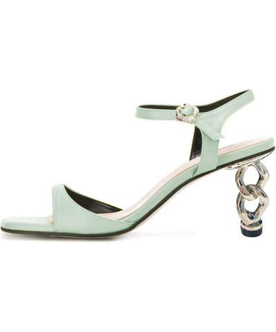 Women Trendy Square Open Toe Ankle Strap Sandals Comfy Metal Mid Heel Dress Summer Shoes With Buckle Mint Green $45.88 Sandals