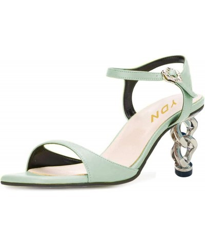 Women Trendy Square Open Toe Ankle Strap Sandals Comfy Metal Mid Heel Dress Summer Shoes With Buckle Mint Green $45.88 Sandals