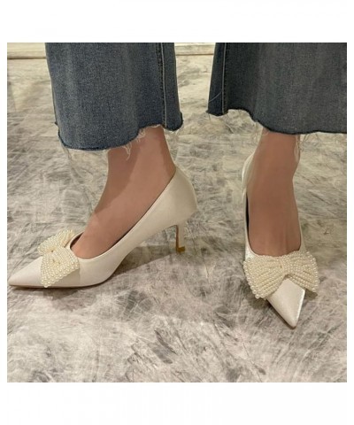 White Bow Pearl Pump Shoe for Women's Slip-On Stiletto-Heel Wedding Dress Ladies Cozy Spring Pumps-Shoes White $31.69 Pumps