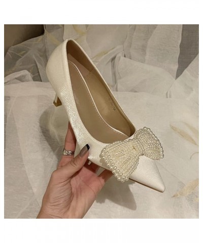 White Bow Pearl Pump Shoe for Women's Slip-On Stiletto-Heel Wedding Dress Ladies Cozy Spring Pumps-Shoes White $31.69 Pumps