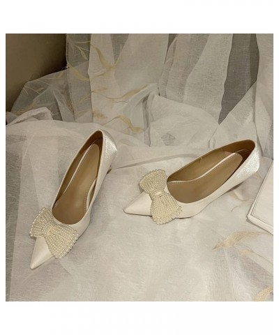 White Bow Pearl Pump Shoe for Women's Slip-On Stiletto-Heel Wedding Dress Ladies Cozy Spring Pumps-Shoes White $31.69 Pumps