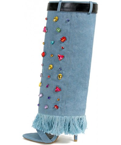 Women's Open Toe Knee High Heel Boots Colorful Diamond Embellished Denim Heels Boots Blue $31.47 Boots