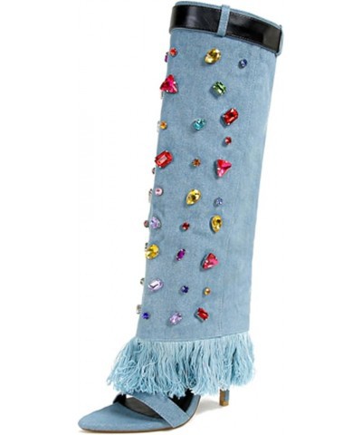 Women's Open Toe Knee High Heel Boots Colorful Diamond Embellished Denim Heels Boots Blue $31.47 Boots