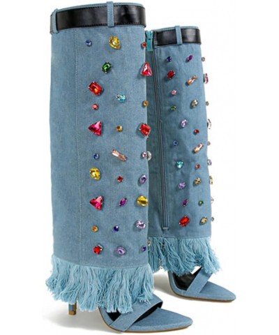 Women's Open Toe Knee High Heel Boots Colorful Diamond Embellished Denim Heels Boots Blue $31.47 Boots