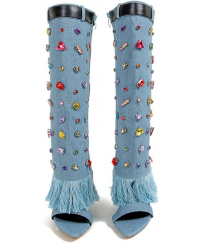 Women's Open Toe Knee High Heel Boots Colorful Diamond Embellished Denim Heels Boots Blue $31.47 Boots