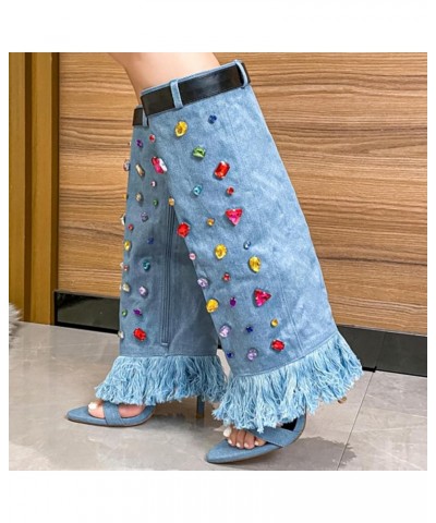 Women's Open Toe Knee High Heel Boots Colorful Diamond Embellished Denim Heels Boots Blue $31.47 Boots