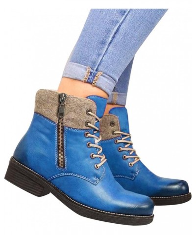 Zipper Ankle Boots For Women Lace-Up Boots Low Heel Bootieswinter Slip On Short Boots Round Toe Boots Blue $20.36 Boots