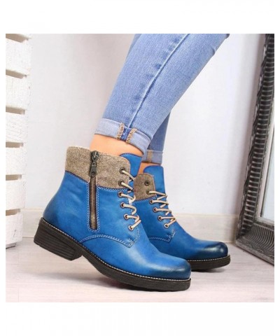 Zipper Ankle Boots For Women Lace-Up Boots Low Heel Bootieswinter Slip On Short Boots Round Toe Boots Blue $20.36 Boots