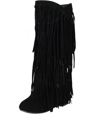 Women's Plus Size Winter Chunky Heel Fringe Boots Inside Booster Mid Length Boots Wide Calf Boots Women Size 9 Black $33.74 B...