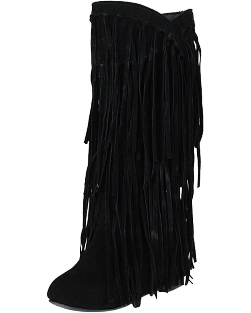 Women's Plus Size Winter Chunky Heel Fringe Boots Inside Booster Mid Length Boots Wide Calf Boots Women Size 9 Black $33.74 B...