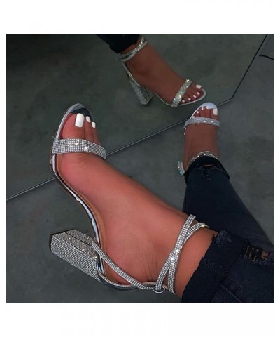 Women's Chunky Low Heel Pump Sandals Rhinestone Open Toe Ankle Strap Comfort Casual Formal Party Dress Sandals Sliver $16.04 ...