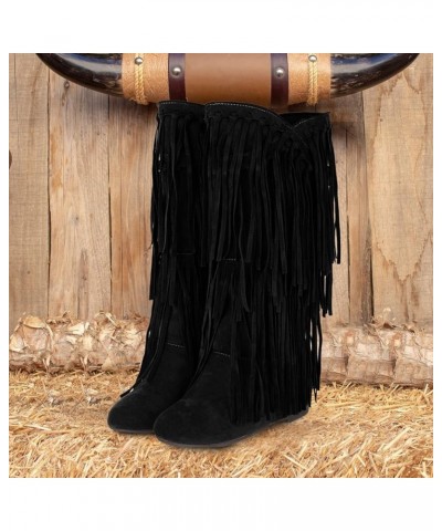 Women's Plus Size Winter Chunky Heel Fringe Boots Inside Booster Mid Length Boots Wide Calf Boots Women Size 9 Black $33.74 B...