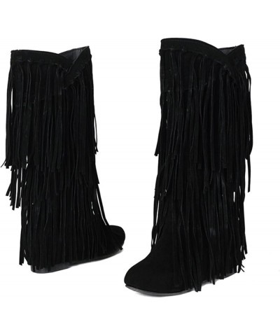 Women's Plus Size Winter Chunky Heel Fringe Boots Inside Booster Mid Length Boots Wide Calf Boots Women Size 9 Black $33.74 B...