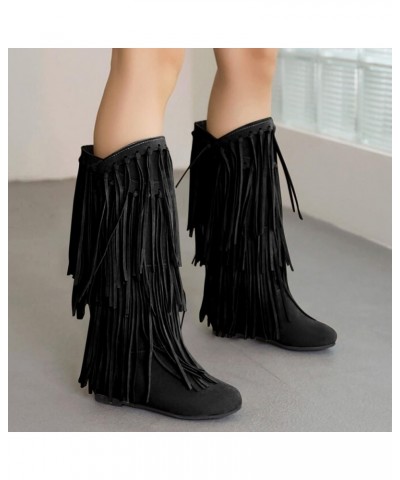 Women's Plus Size Winter Chunky Heel Fringe Boots Inside Booster Mid Length Boots Wide Calf Boots Women Size 9 Black $33.74 B...