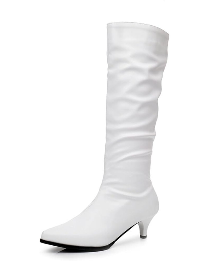 Women Slip On Low Kitten Heel Pointed Toe Slouch Mid Calf Boots White $22.85 Boots