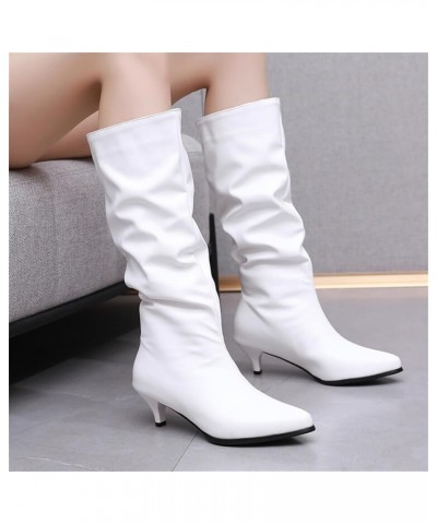 Women Slip On Low Kitten Heel Pointed Toe Slouch Mid Calf Boots White $22.85 Boots