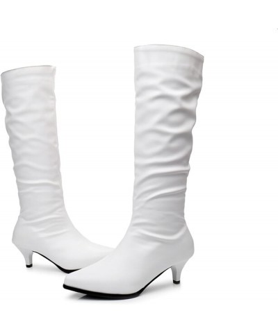 Women Slip On Low Kitten Heel Pointed Toe Slouch Mid Calf Boots White $22.85 Boots