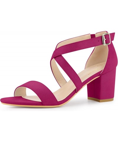 Crisscross Strap Open Toe Chunky Heels Sandals for Women Hot Pink $17.20 Sandals