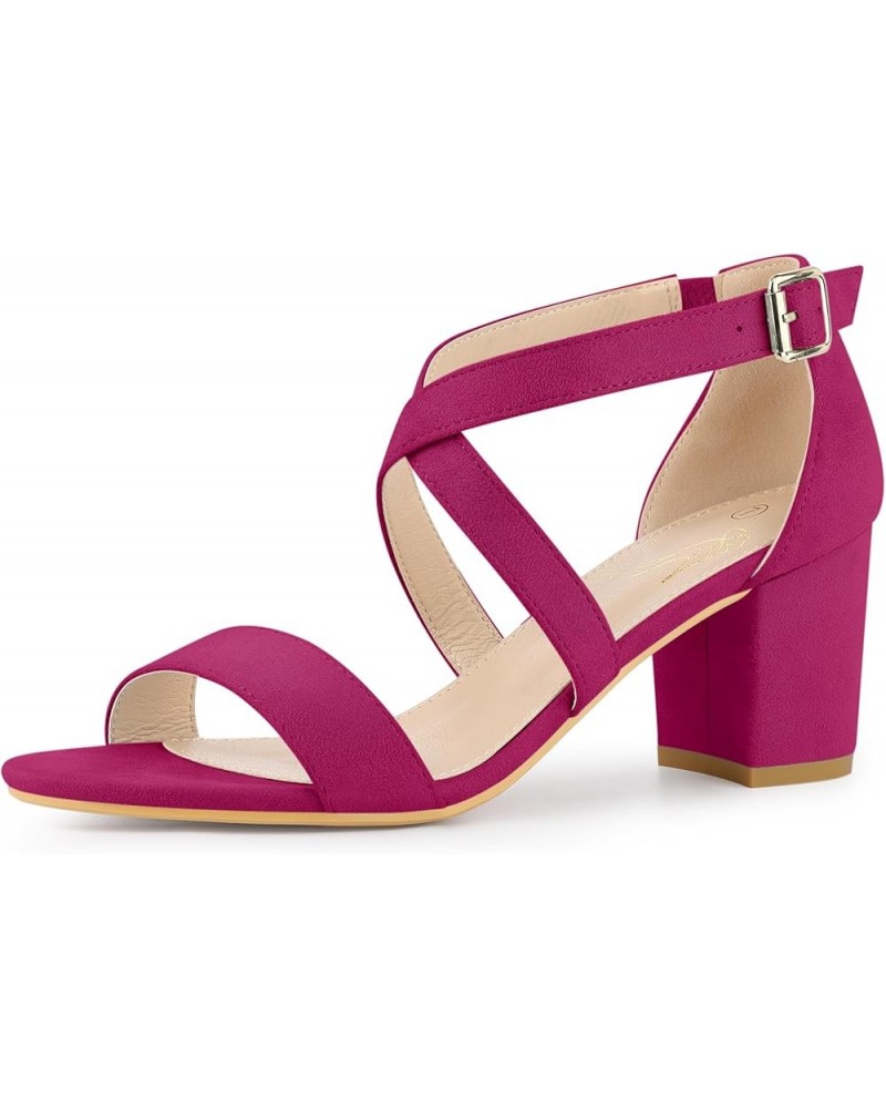 Crisscross Strap Open Toe Chunky Heels Sandals for Women Hot Pink $17.20 Sandals