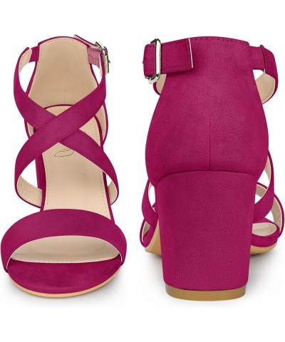 Crisscross Strap Open Toe Chunky Heels Sandals for Women Hot Pink $17.20 Sandals