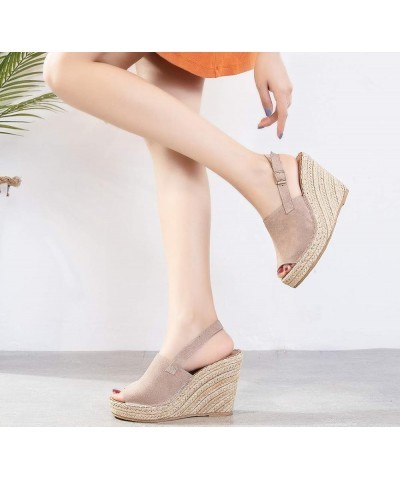 Women's Ladies Fashion Casual Peep Toe Espadrille Wedges Sandals Ankle Buckle High Platform Roman Shoes White canvas Chestnut...