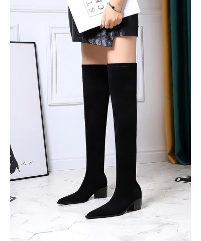 Womens BC158 Velvet Lining Chunky Pull On Microsuede Low Chunky Above The Knee Boots Black $35.26 Boots